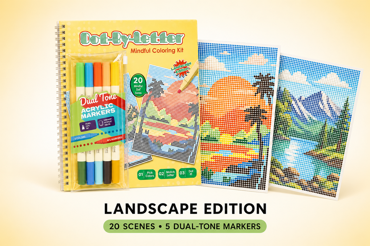 🎨Dot-By-Letter Mindful Coloring Kit - Stress Relief Dot Marker Art Set with 10 Vibrant Colors & 20 Hidden Scene