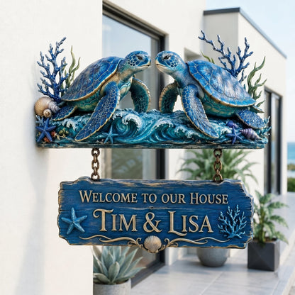 🐢 Personalized Nautical Sea Turtle Welcome Sign – Coastal Wall Decor for Home