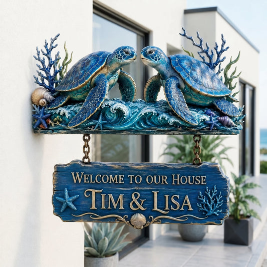 🐢 Personalized Nautical Sea Turtle Welcome Sign – Coastal Wall Decor for Home