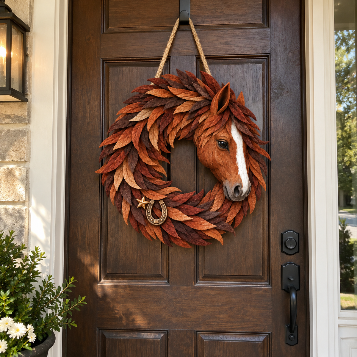 Chestnut horse wreath on front door