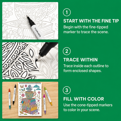 Trace-By-Groove Guided Flow Art Coloring Pad with Double-Sided Markers