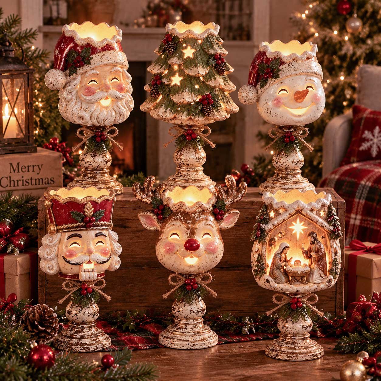 Six Christmas candle holder designs displayed together: Santa, tree, snowman, nutcracker, reindeer and Nativity