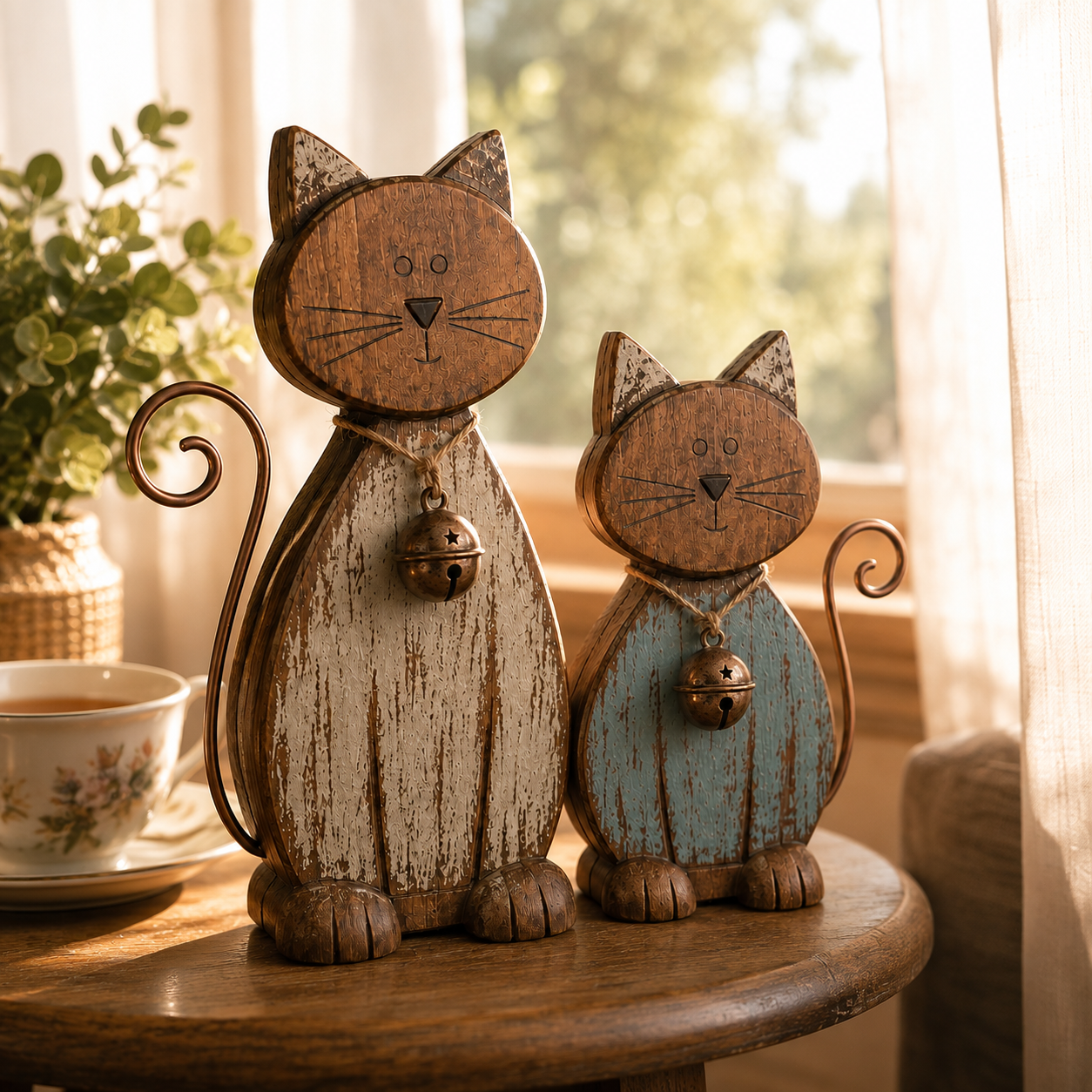 Rustic Wooden Cat Figurines Set of 2