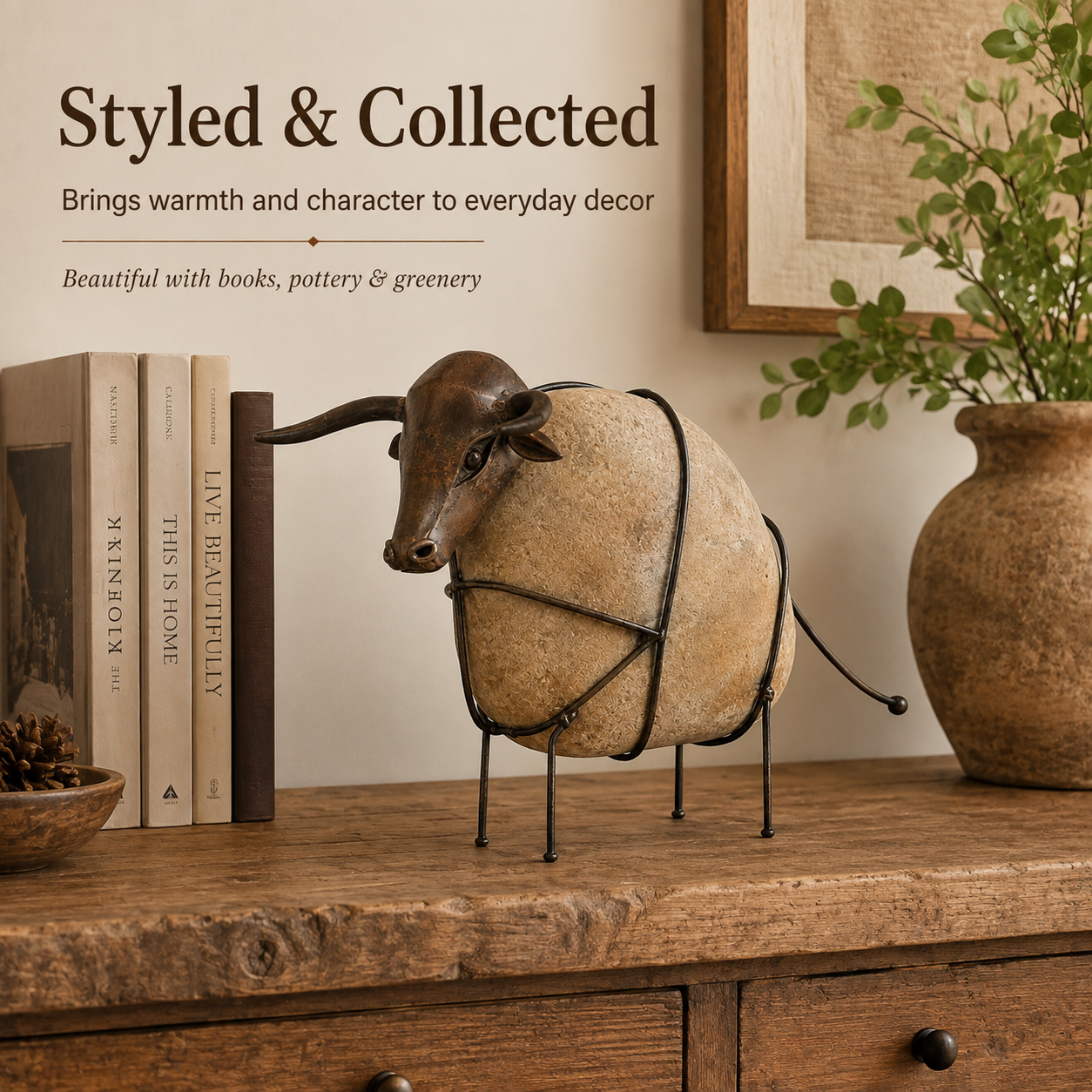 Vintage Stone-Look Bull Figurine