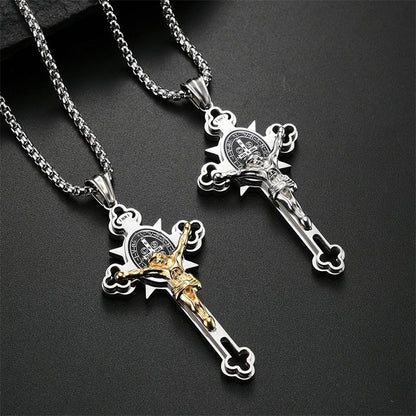 ✝️ Faith & Strength Cross Pendant – Saint Benedict-Inspired Stainless Steel Necklace