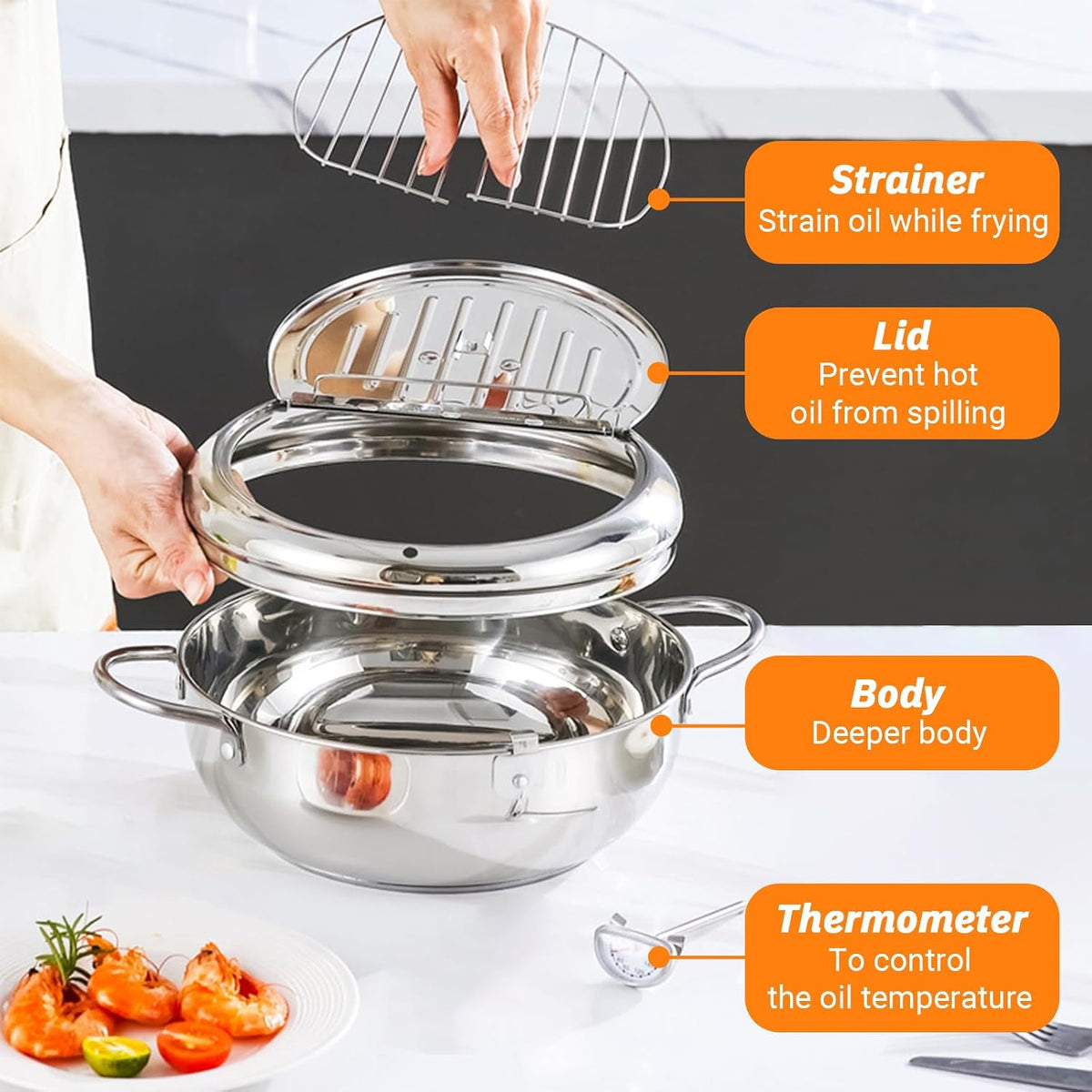🍤🌡️ Japanese-Style Frying Pot – 304 Stainless Steel with Thermometer & Draining Basket