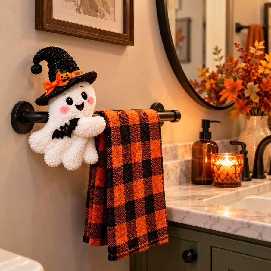 Ghost Halloween decor on towel bar