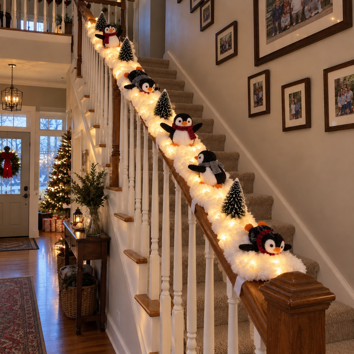 Christmas penguin stair decor illuminated at night