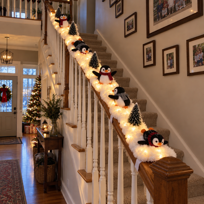 Playful Penguin Snowy Stair Railing Decor