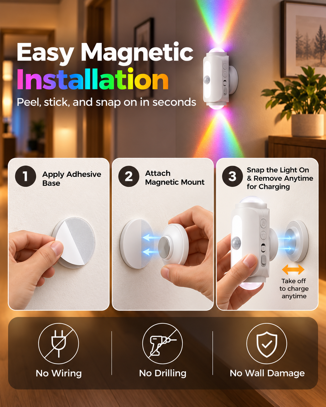 Smart Motion Sensor Wall Light – Rechargeable RGB & Warm Light