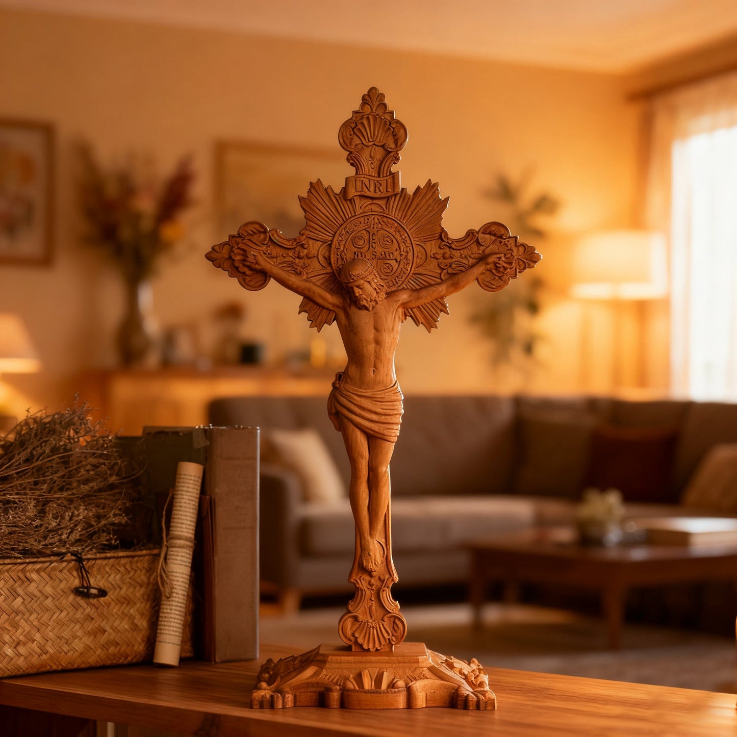 St. Benedict Exorcism Cross wood carved - Bless you and your family - side view