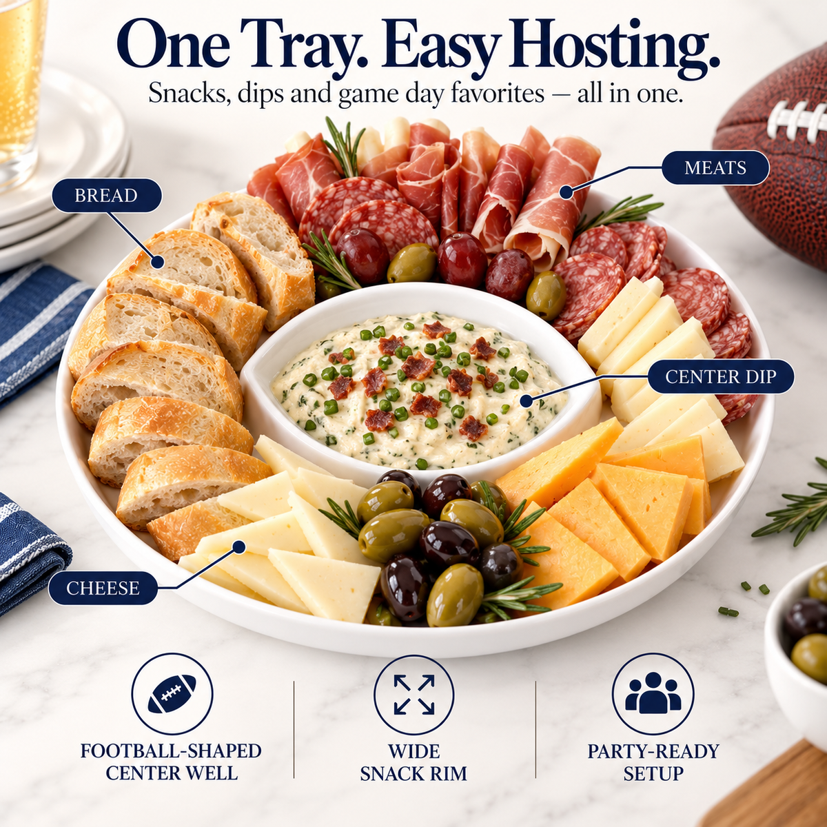 Game Day Football Serving Tray – Porcelain Snack & Dip Platter
