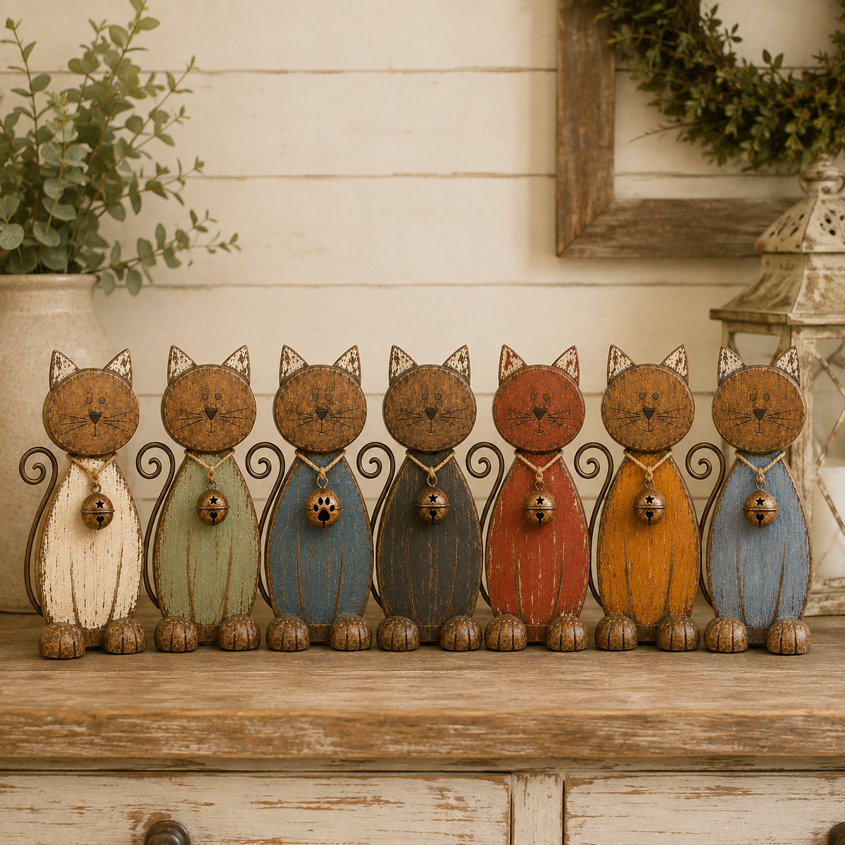 A mixed collection of seven colorful rustic cat decorations