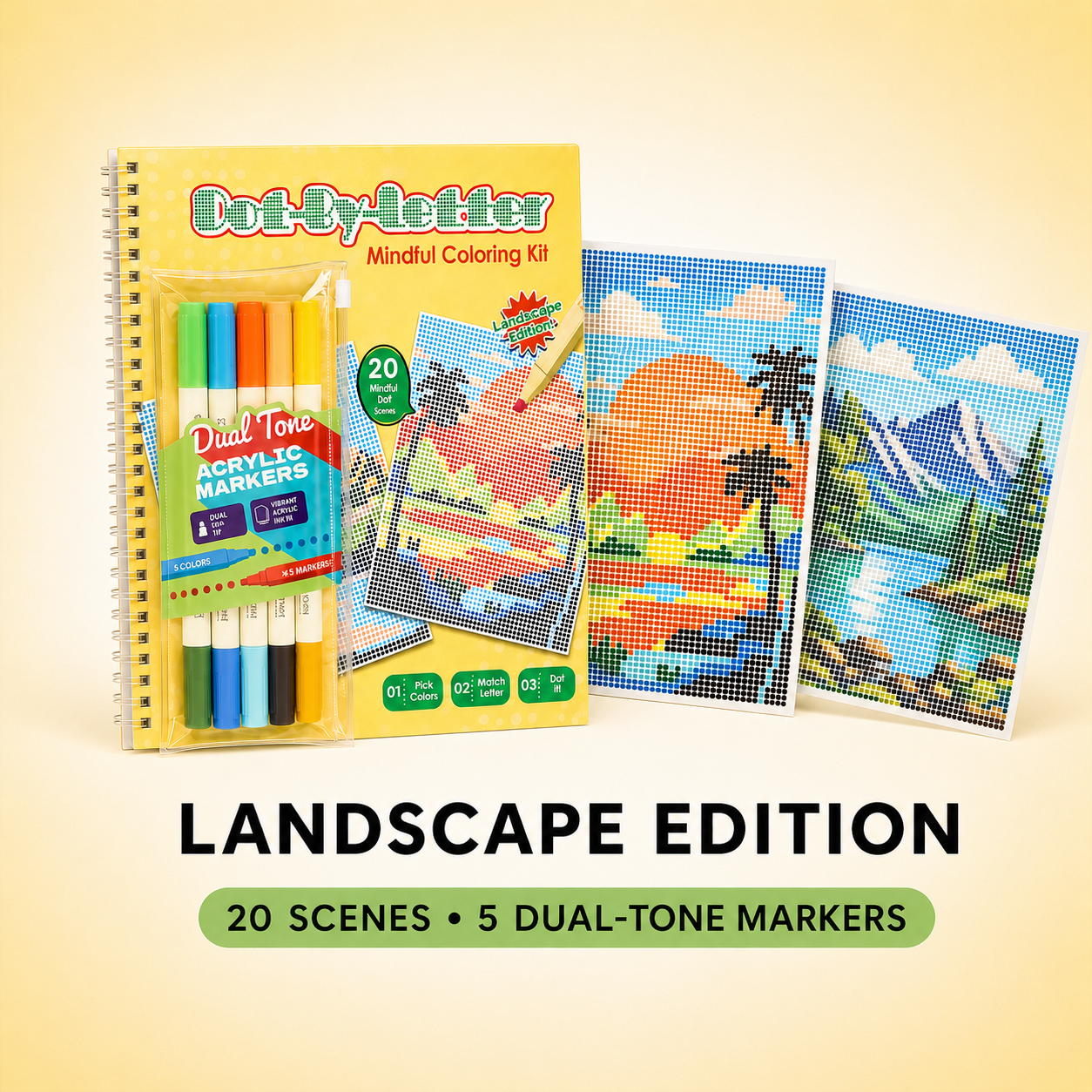🎨Dot-By-Letter Mindful Coloring Kit - Stress Relief Dot Marker Art Set with 10 Vibrant Colors & 20 Hidden Scene