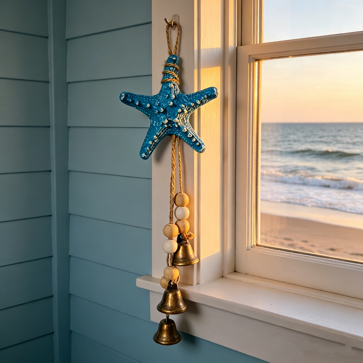 🌊⭐ Seaside Starfish Bell Chime – Rustic Coastal Hanging Decor with Natural Wood Beads