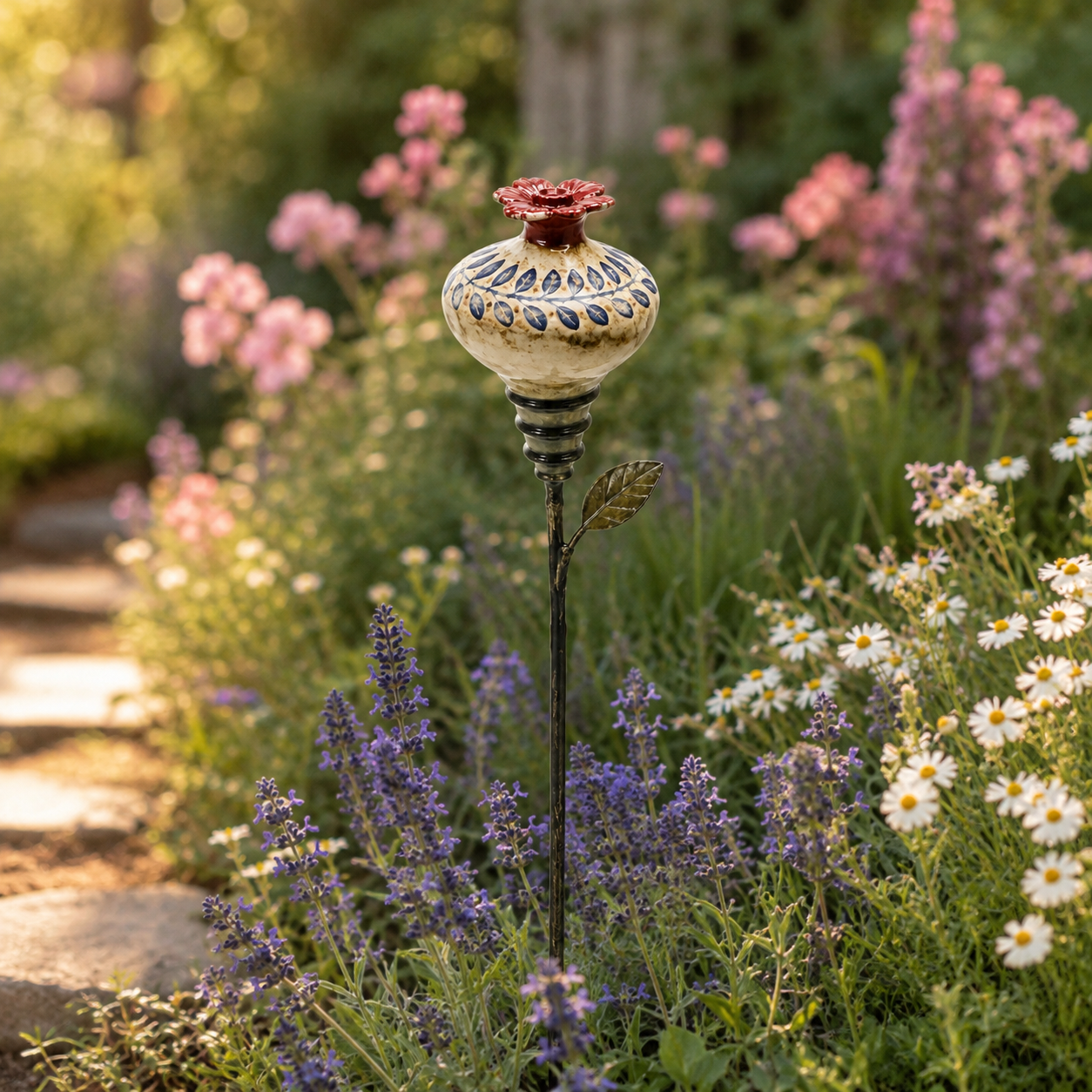 Vintage Ceramic Hummingbird Feeder Garden Stake