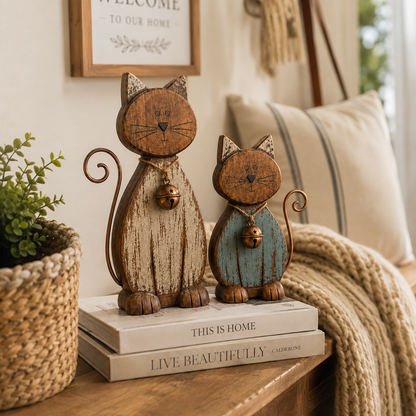 Rustic Wooden Cat Figurines Set of 2