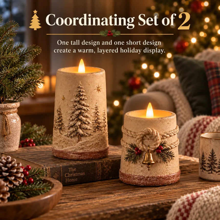 Rustic Christmas Flameless LED Candle Decor Set of 2