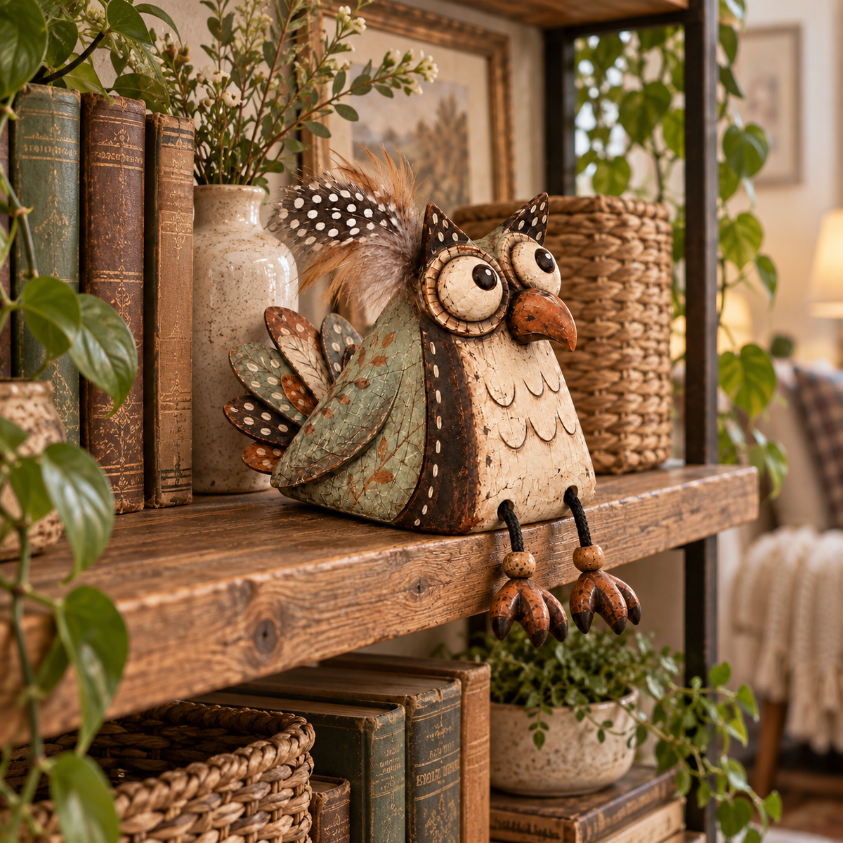 🍂 Rustic Owl Shelf Sitter Decor with Dangling Legs