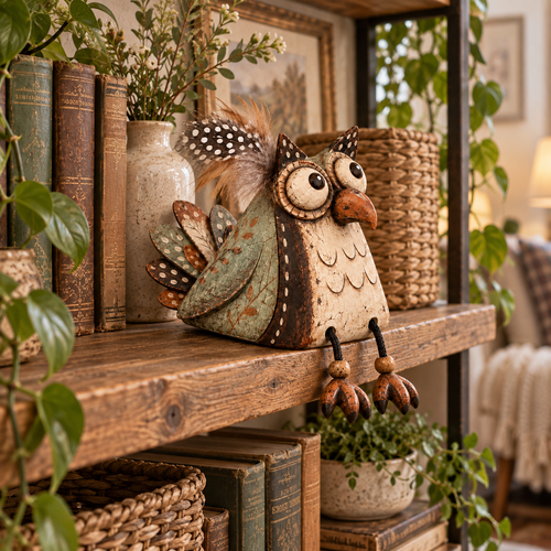 🍂 Rustic Owl Shelf Sitter Decor with Dangling Legs