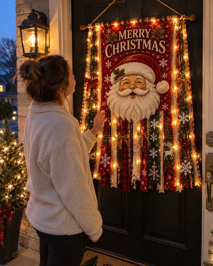 Real customer photo of woman looking at Santa Christmas door banner