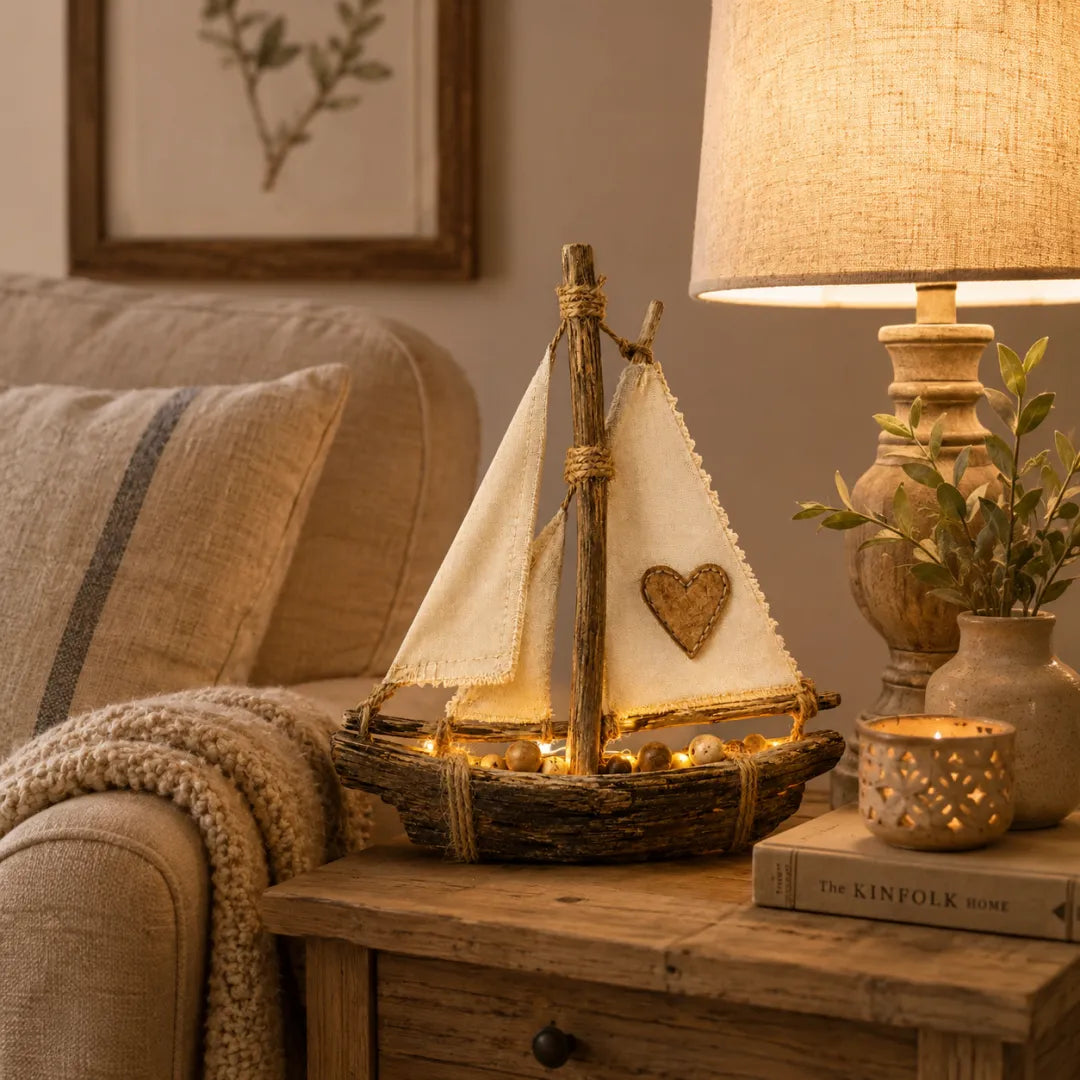 Lighted Rustic Sailboat Decor with Warm LED Glow