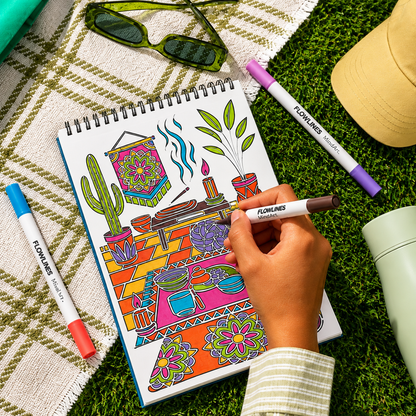 Trace-By-Groove Guided Flow Art Coloring Pad with Double-Sided Markers