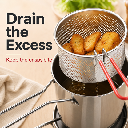🎁🍟 Personal Mini Deep Fryer Set – Stainless Steel Pot with Lift-Out Draining Basket & Food Tongs