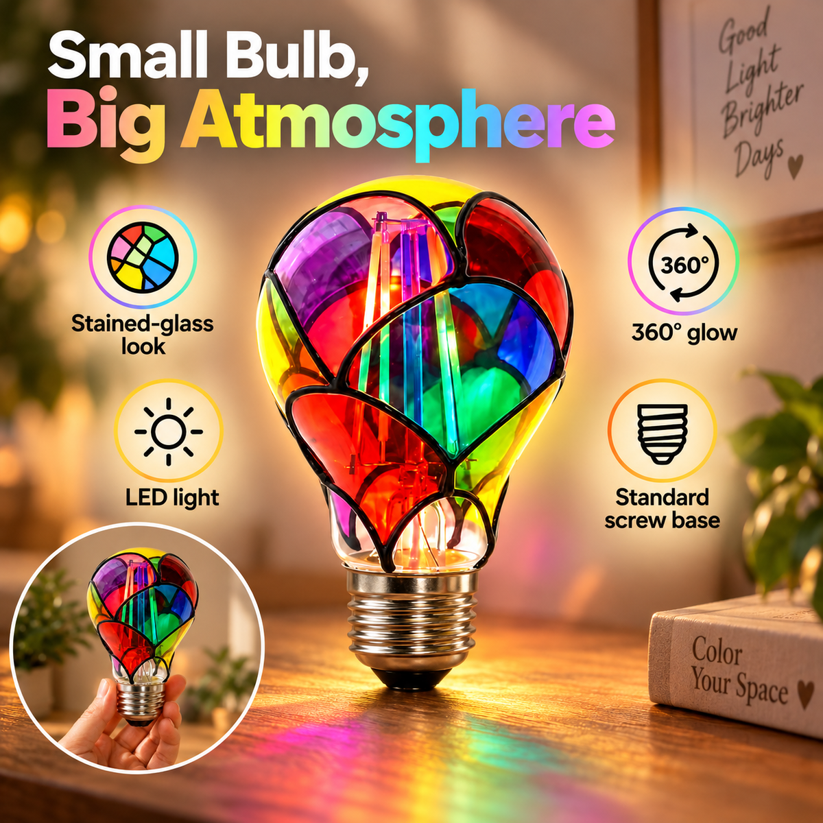 Stained Glass Rainbow LED Bulb – Colorful Ambient Mood Light for Any Lamp