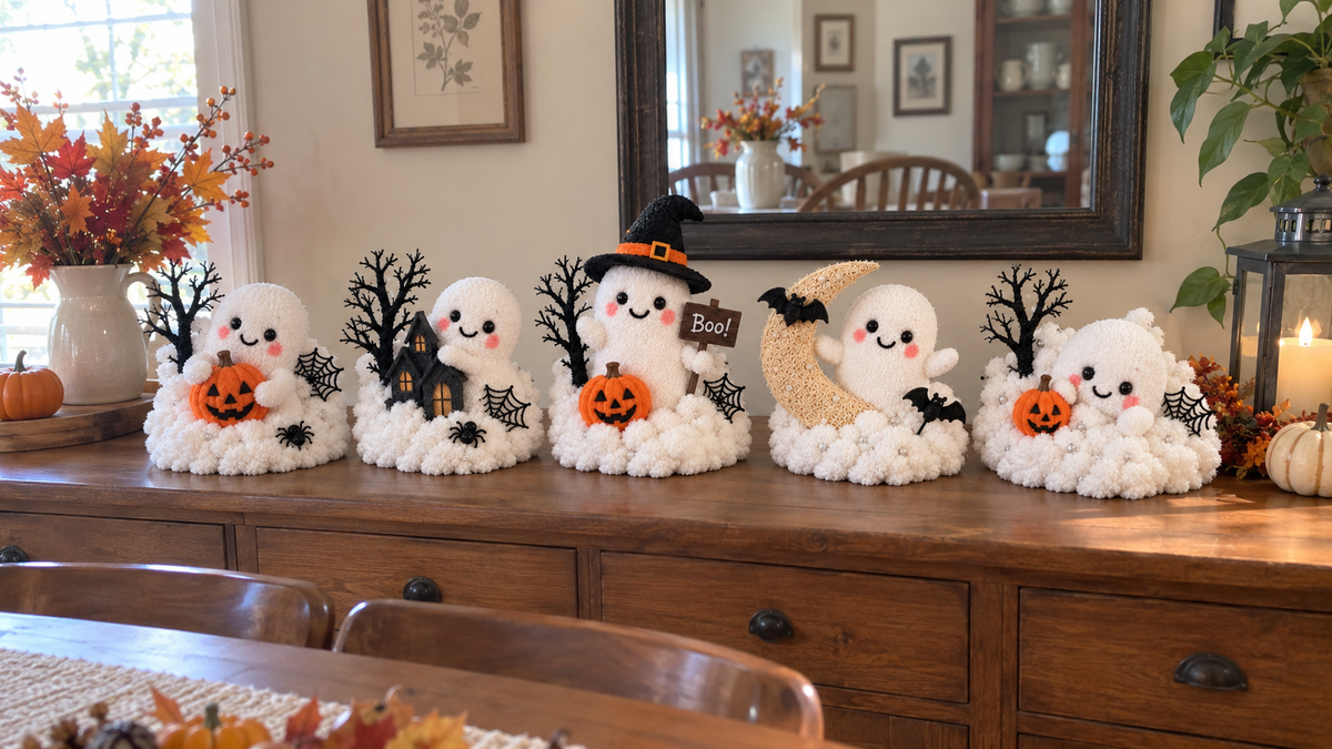 Halloween ghost decorations displayed on a console table