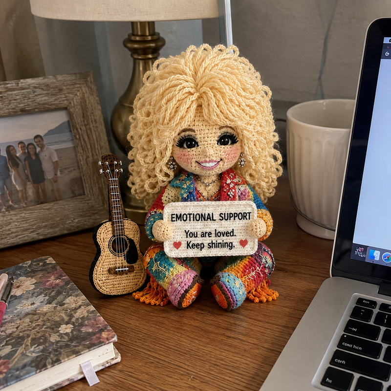 Colorful emotional support doll displayed beside a laptop