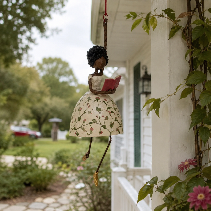 Reading Lady displayed on a sheltered porch