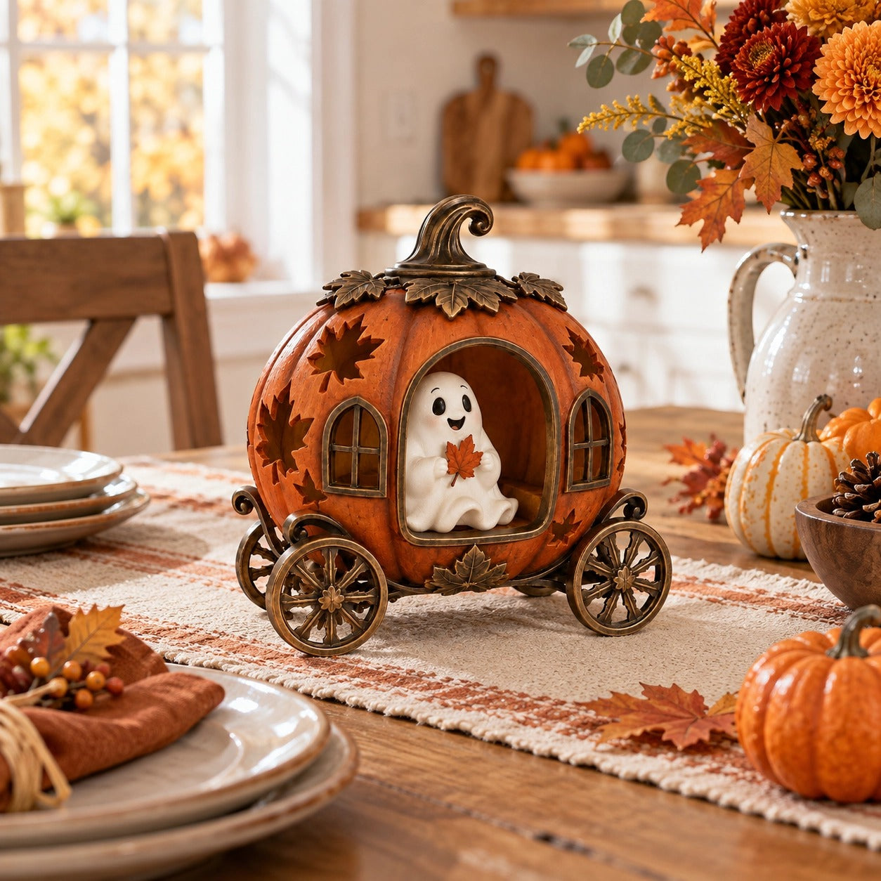 Lighted Ghost Pumpkin Carriage Figurine🎃