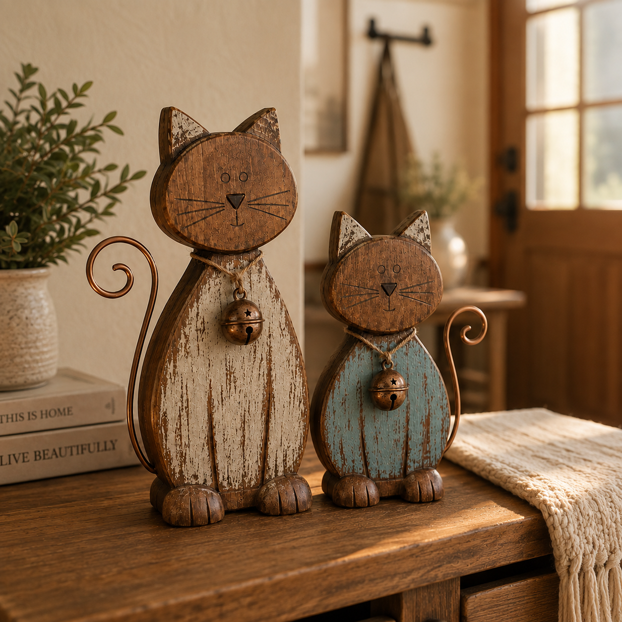 Rustic Wooden Cat Figurines Set of 2