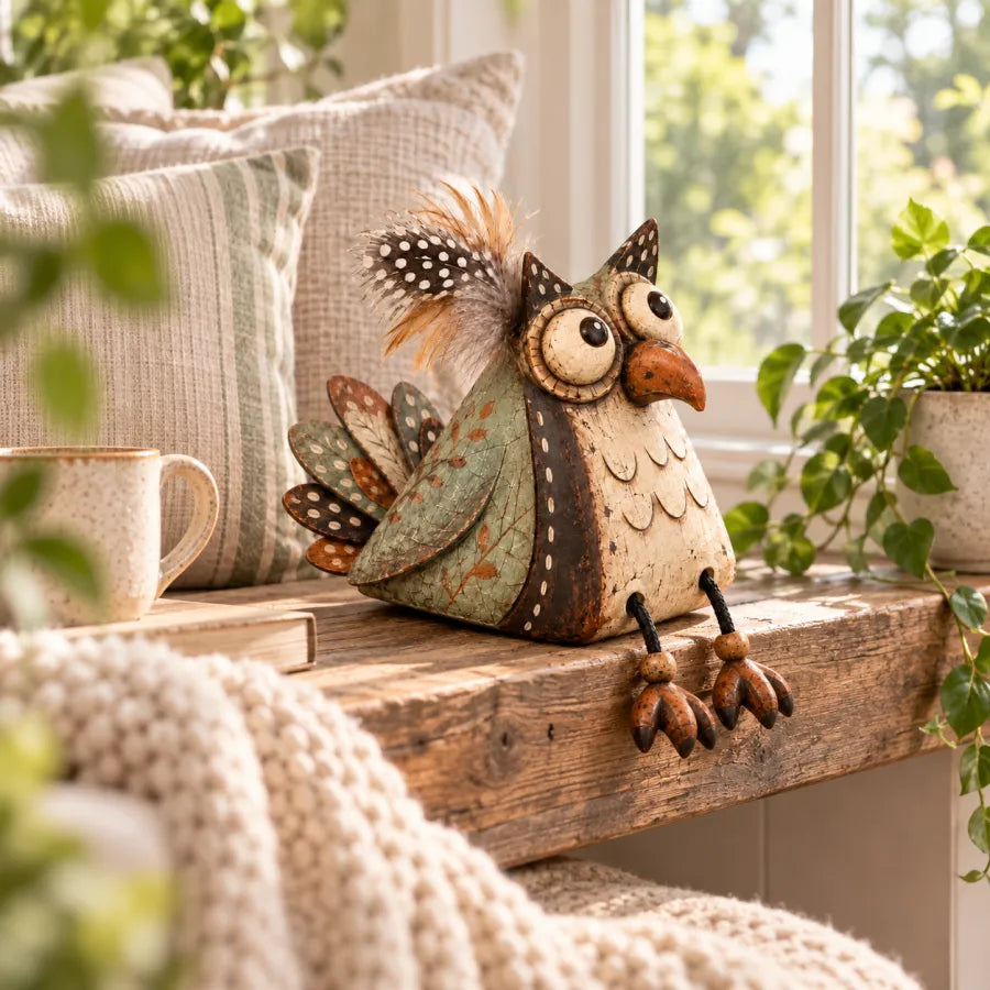 🍂 Rustic Owl Shelf Sitter Decor with Dangling Legs