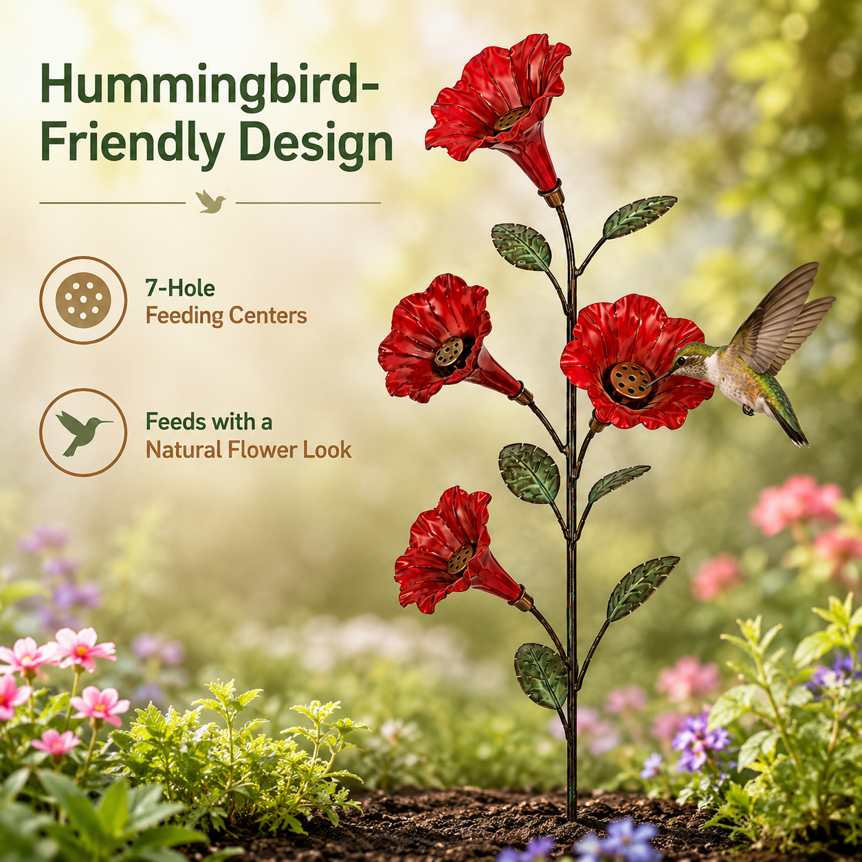 Vintage Red Flower Hummingbird Feeder Garden Stake