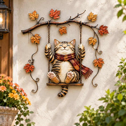 🍂 Cozy Cat Swing Fall Wall Art – Rustic Autumn Metal Home Decor