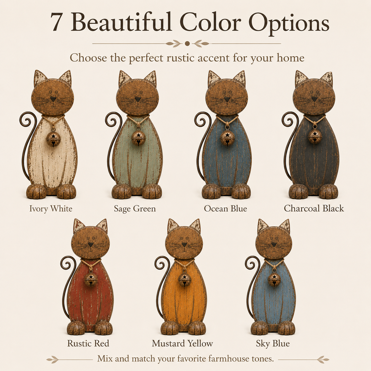 Seven available color options for the rustic cat decor collection