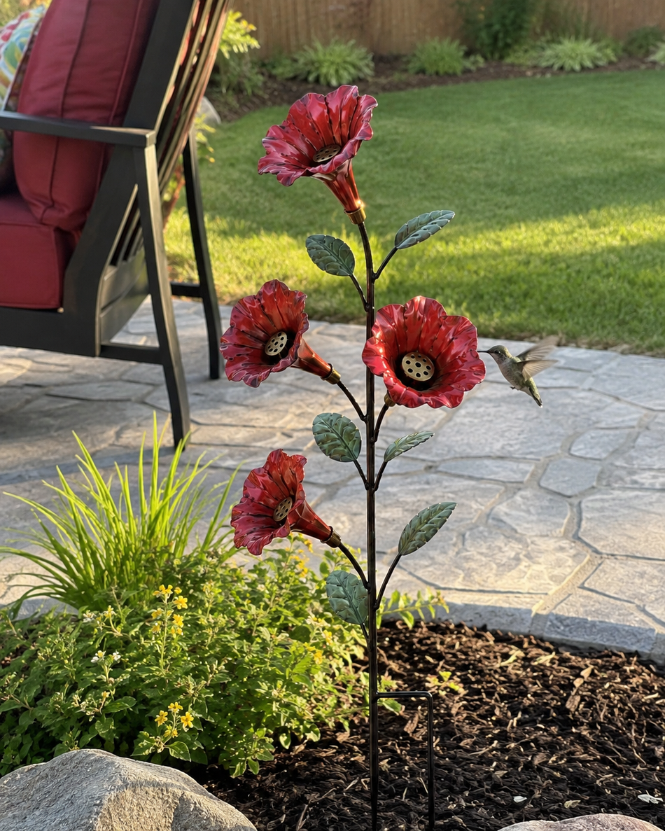 Hummingbird flower feeder beside a patio