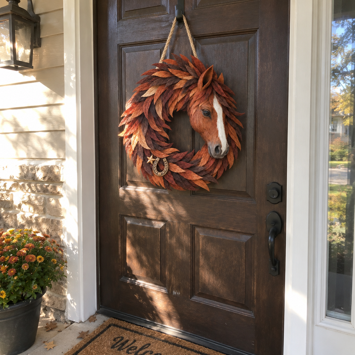 Western horse wreath displayed on front door