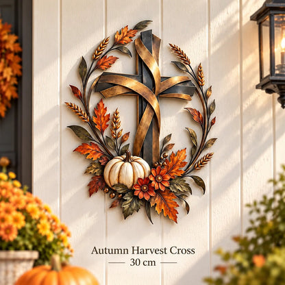 🍂 Autumn Harvest Cross Metal Wall Decor With White Pumpkin