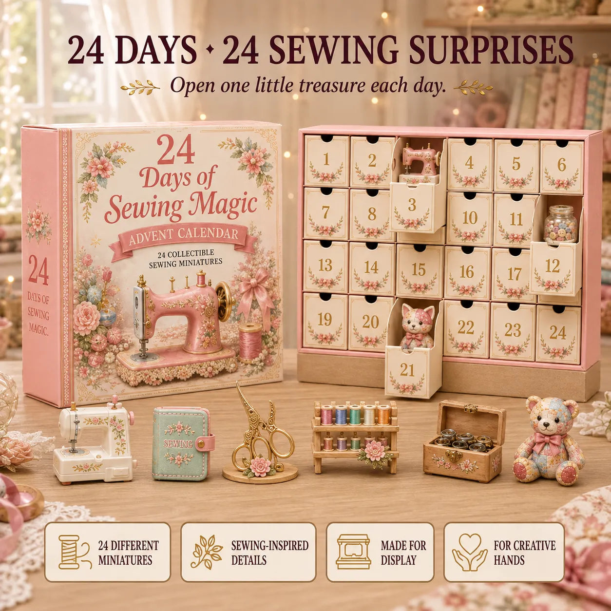 🧵24 Days Of Sewing Magic Advent Calendar | 24 Sewing-Inspired Miniatures for Craft Lovers, Quilters & Handmade Enthusiasts 🎁