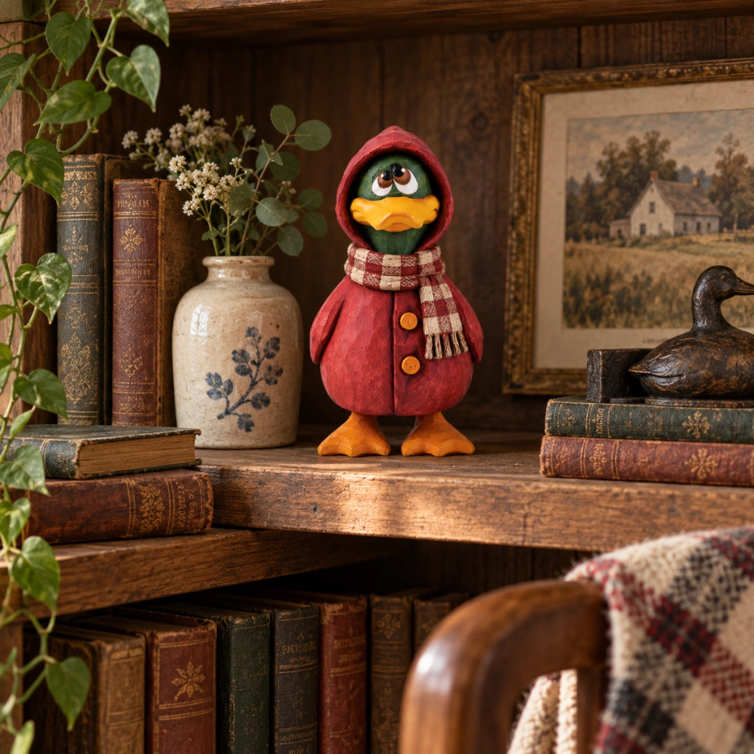 Rustic Wooden Duck Figurine with Scarf, Hand-Painted Farmhouse Animal Decor