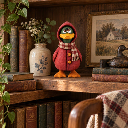 Rustic Wooden Duck Figurine with Scarf, Hand-Painted Farmhouse Animal Decor