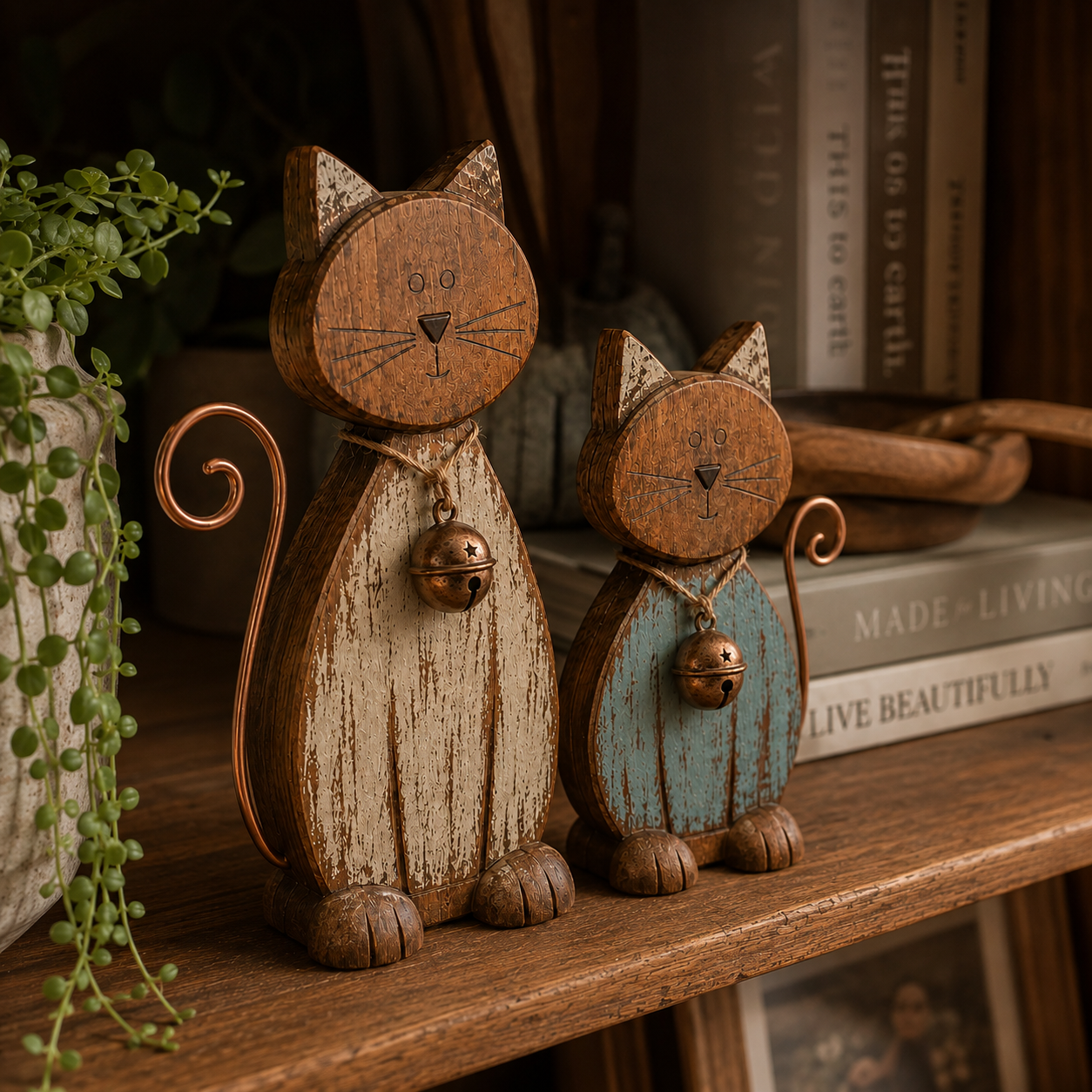 Rustic Wooden Cat Figurines Set of 2