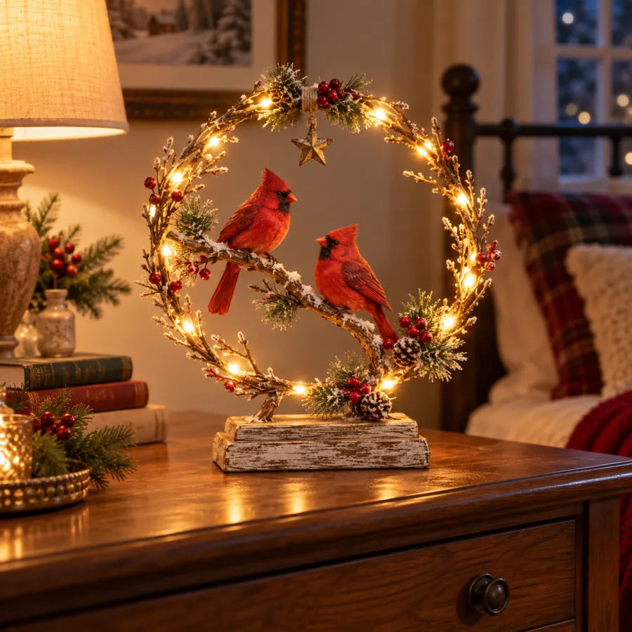 Lighted Cardinal Tabletop Decor, Rustic Red Cardinal Pair with Warm LED Lights