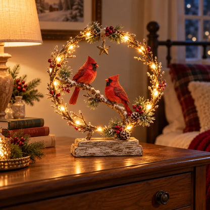 Lighted Cardinal Tabletop Decor, Rustic Red Cardinal Pair with Warm LED Lights