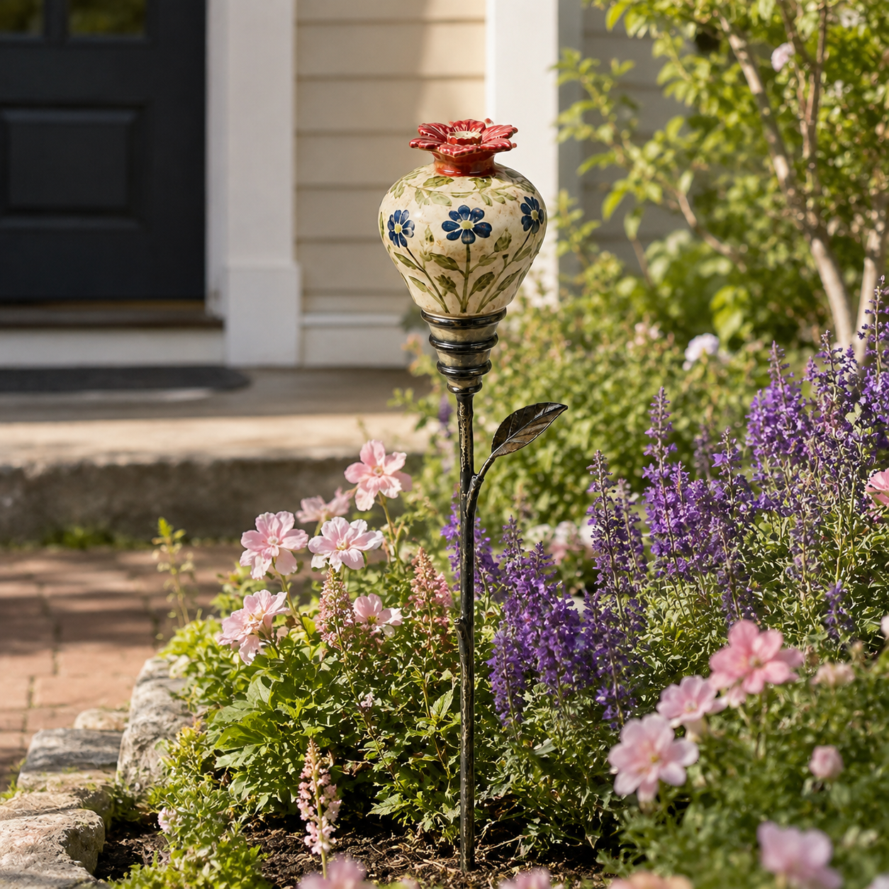 Vintage Ceramic Hummingbird Feeder Garden Stake