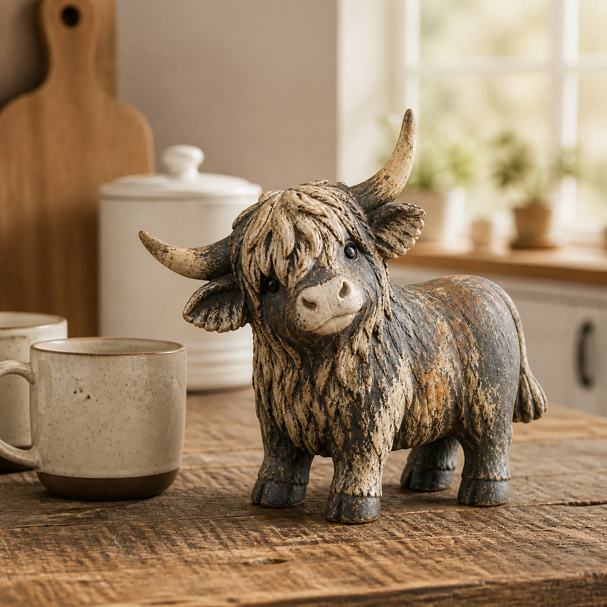 Highland cow figurine on a rustic farmhouse kitchen counter