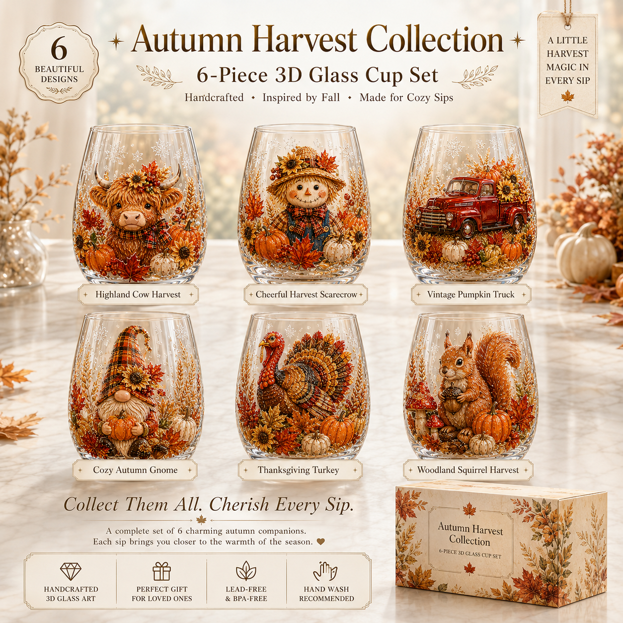 🍂✨Autumn Harvest 3D Glass Cup Gift Set – 6 Festive Designs